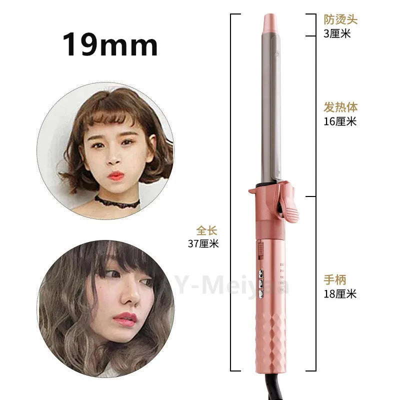 A pink professional ceramic hair curling iron with a long barrel and various heat settings shown alongside models.