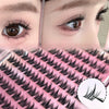 Close-up of a model wearing pink cluster self-adhesive dog-style eyelashes.