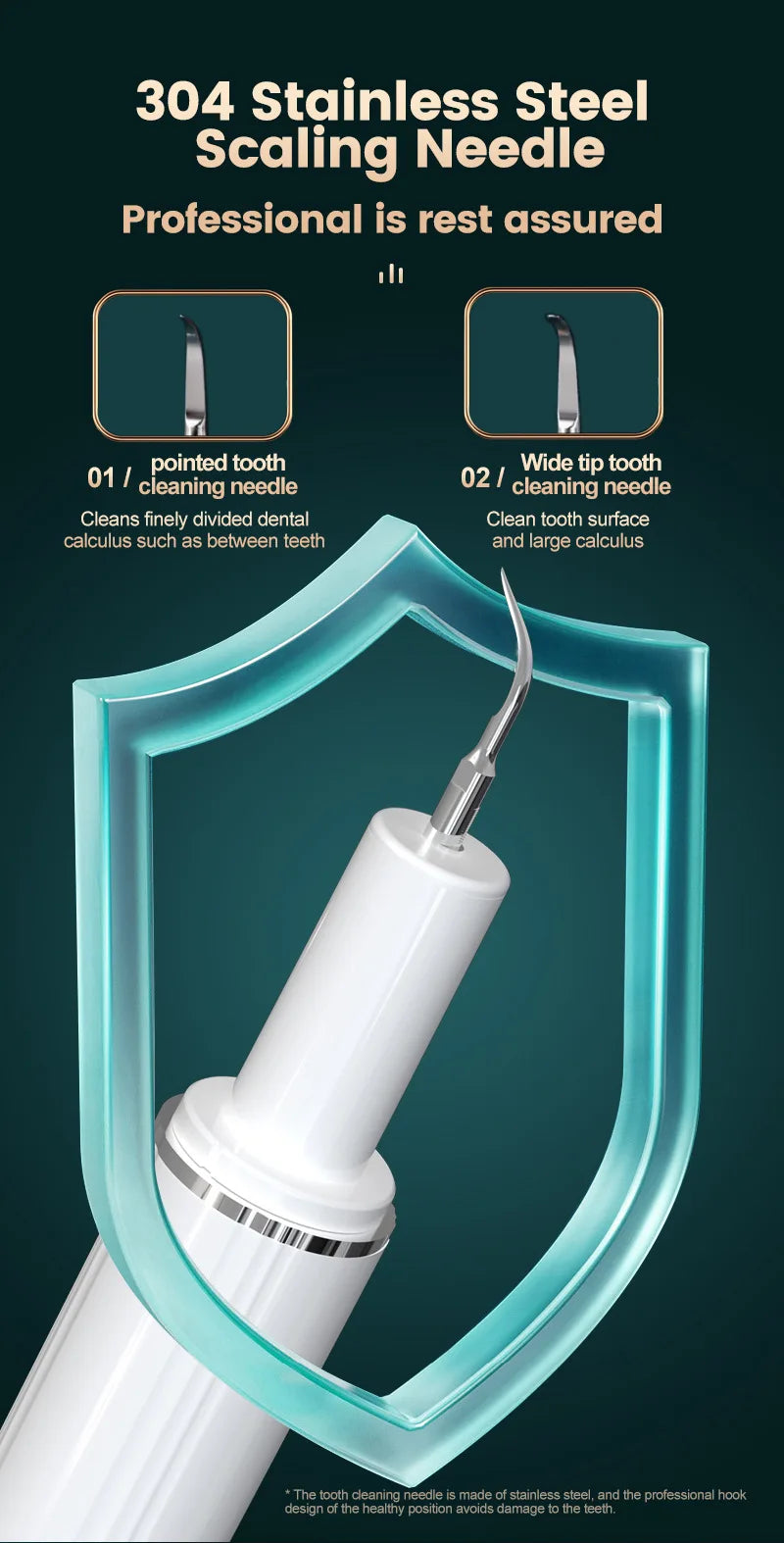 A professional stainless steel scaling needle is shown inside a protective shield, highlighting its design for cleaning denta