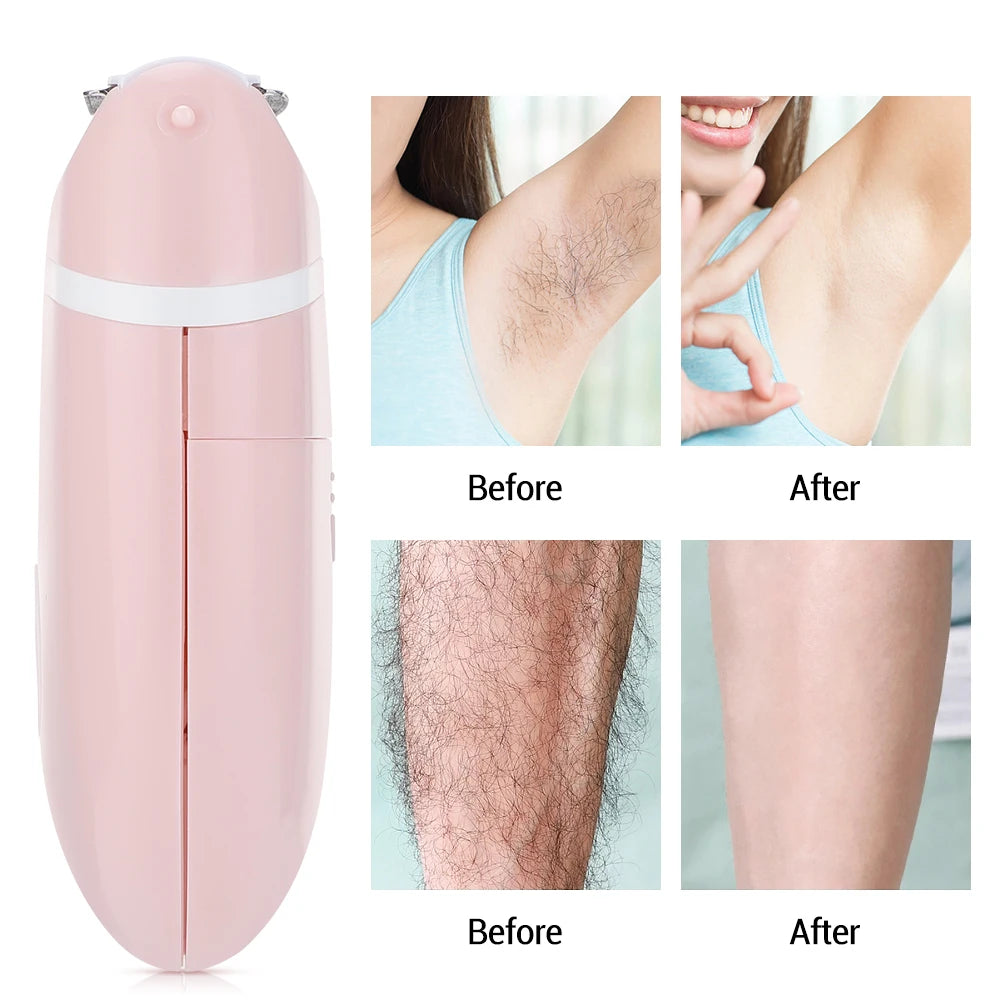 Before and after images showing the results of a 3-in-1 electric body shaver and trimmer on skin hair removal.