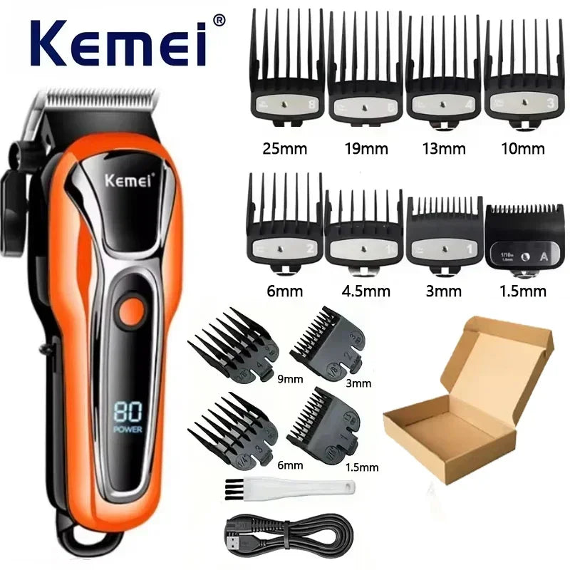 Orange and black Kemei professional cordless hair trimmer with various guard attachments and accessories