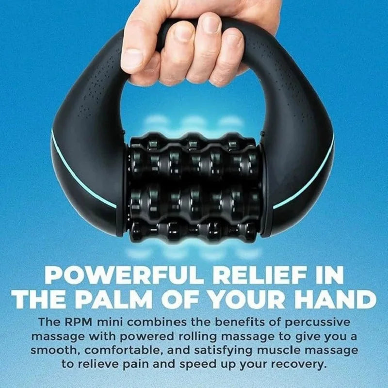 A hand is holding a black electric deep tissue muscle roller, showing its ergonomic design for relief.