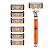 A set of five orange and black multi-blade safety razors with silver handles.
