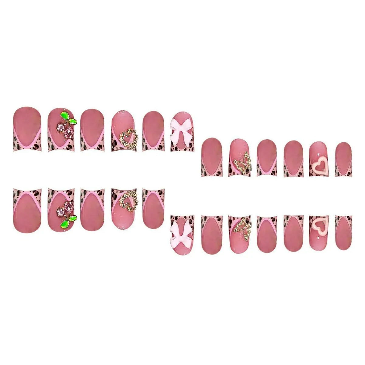 A set of 24 nude pink press-on nails featuring a leopard print and 3D charms.