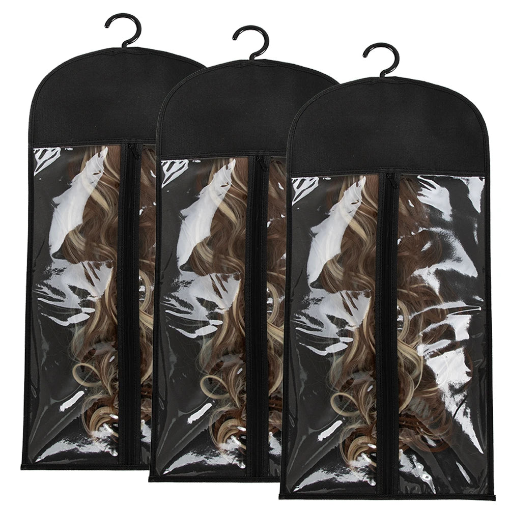 A set of three black mesh bags with metal hangers for storing wigs.