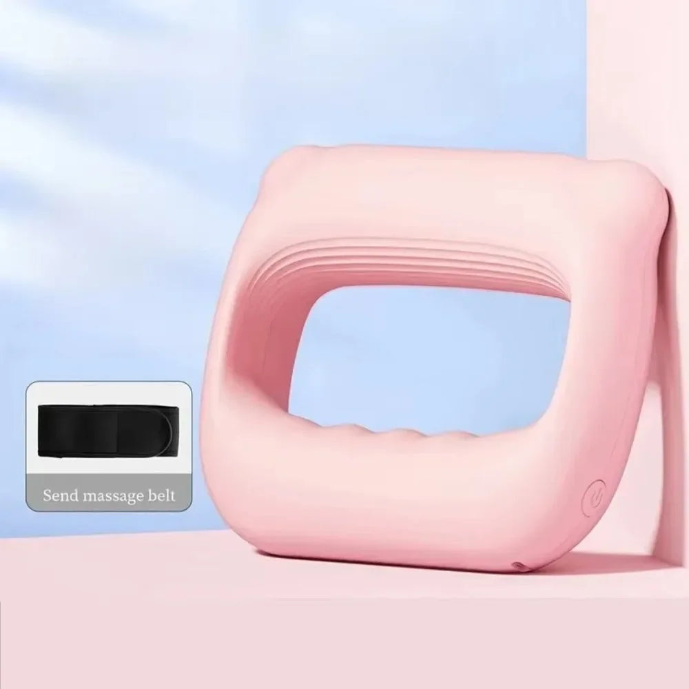 A pink portable electric fascia massager belt is shown with a black massage belt component.