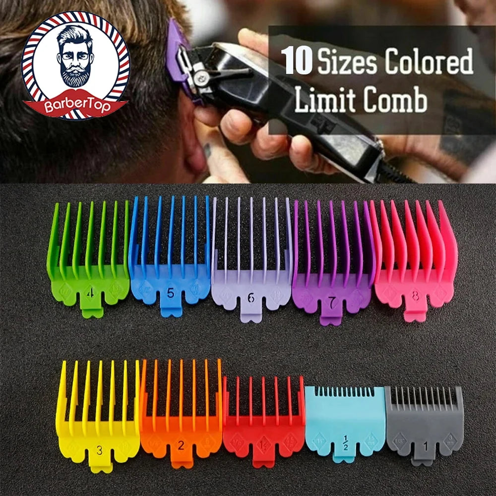 A collection of ten sized colored limit combs for a barber tool, showing various shades of green, blue, purple, pink, yellow,