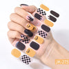 A hand displays various Halloween UV gel nail stickers in black, pink, and orange shades on a clear plastic sheet.
