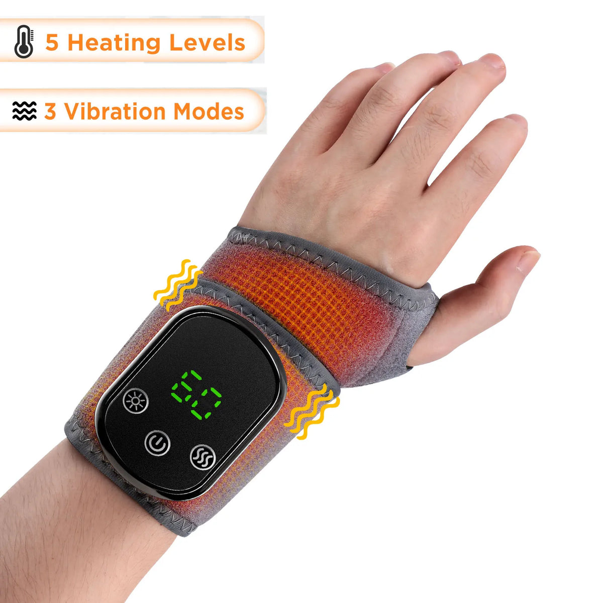 A hand wearing an orange and gray heating and massage wrist brace with a digital display showing 5 heating levels and 3 vibra