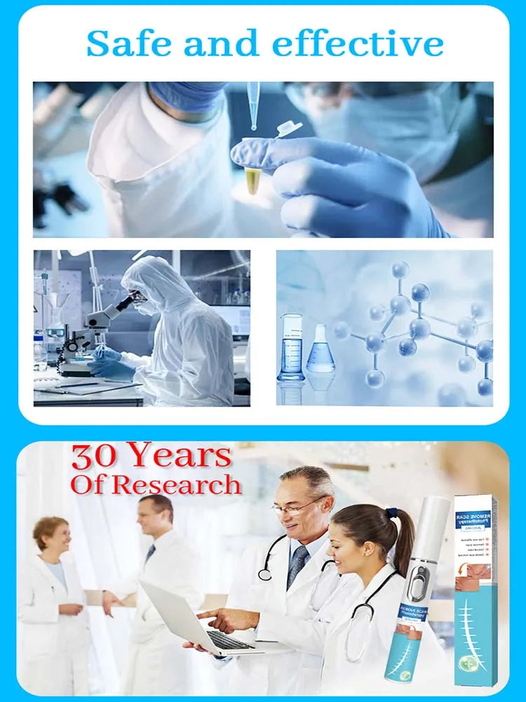 A scientist in a lab coat is shown working with silicone scar care patches and medical equipment.