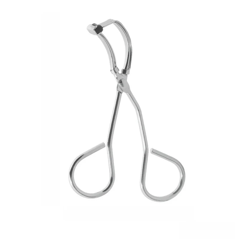 A mini stainless steel eyelash curler tool.