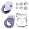 A set of purple silicone earplugs and a matching clear storage case for noise reduction