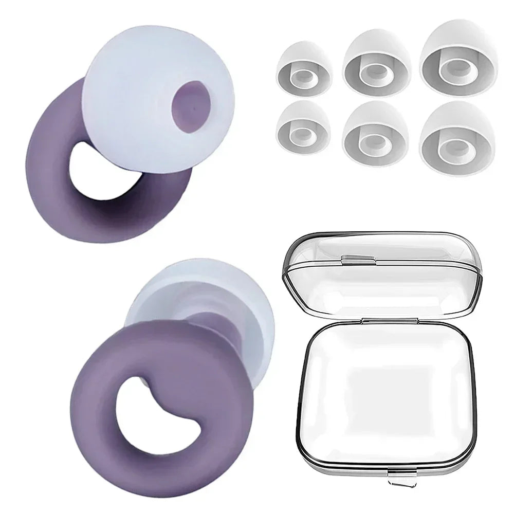 A set of purple silicone earplugs and a matching clear storage case for noise reduction
