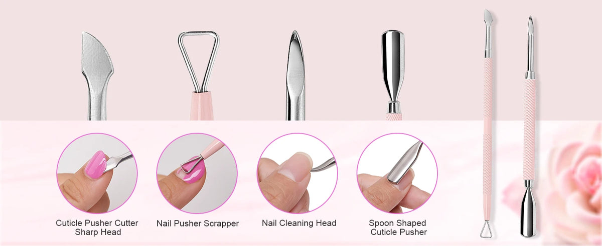 Un ensemble d'outils professionnels pour couper les cuticules et les ongles en acier inoxydable, avec gros plans sur les comp