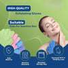 A woman is relaxing with exfoliating gloves and a blue exfoliating glove shown next to a storage bag.
