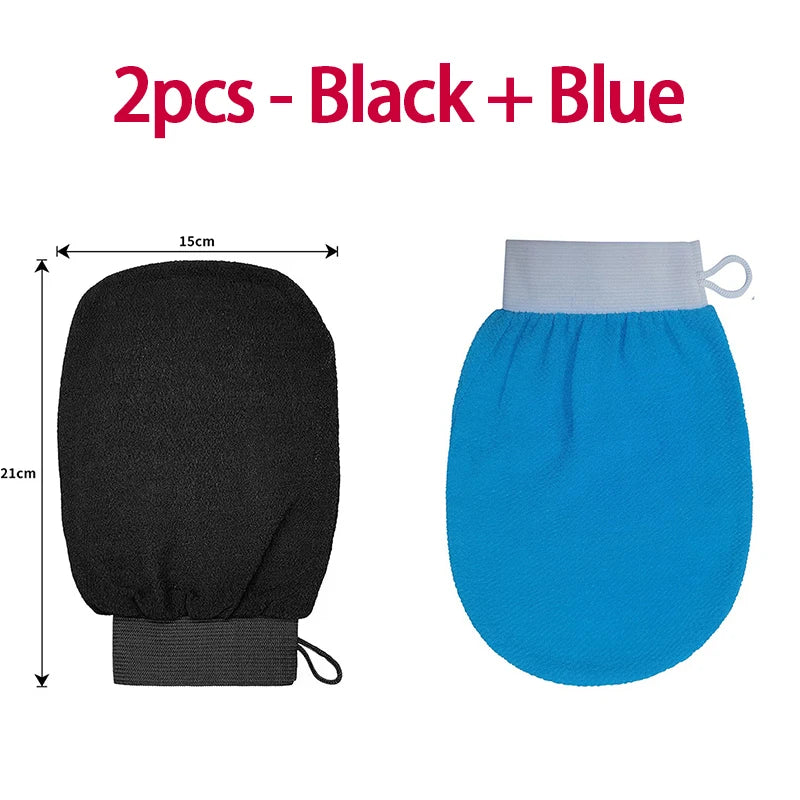 Two exfoliating body scrubbing gloves in black and blue are shown, with dimensions provided.
