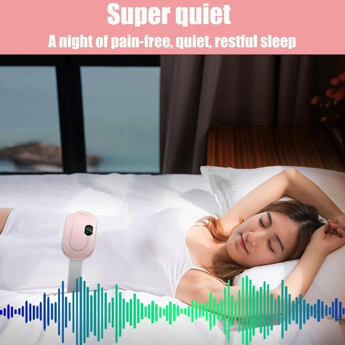 A woman sleeping peacefully on a bed with a portable heated massage belt placed under her.