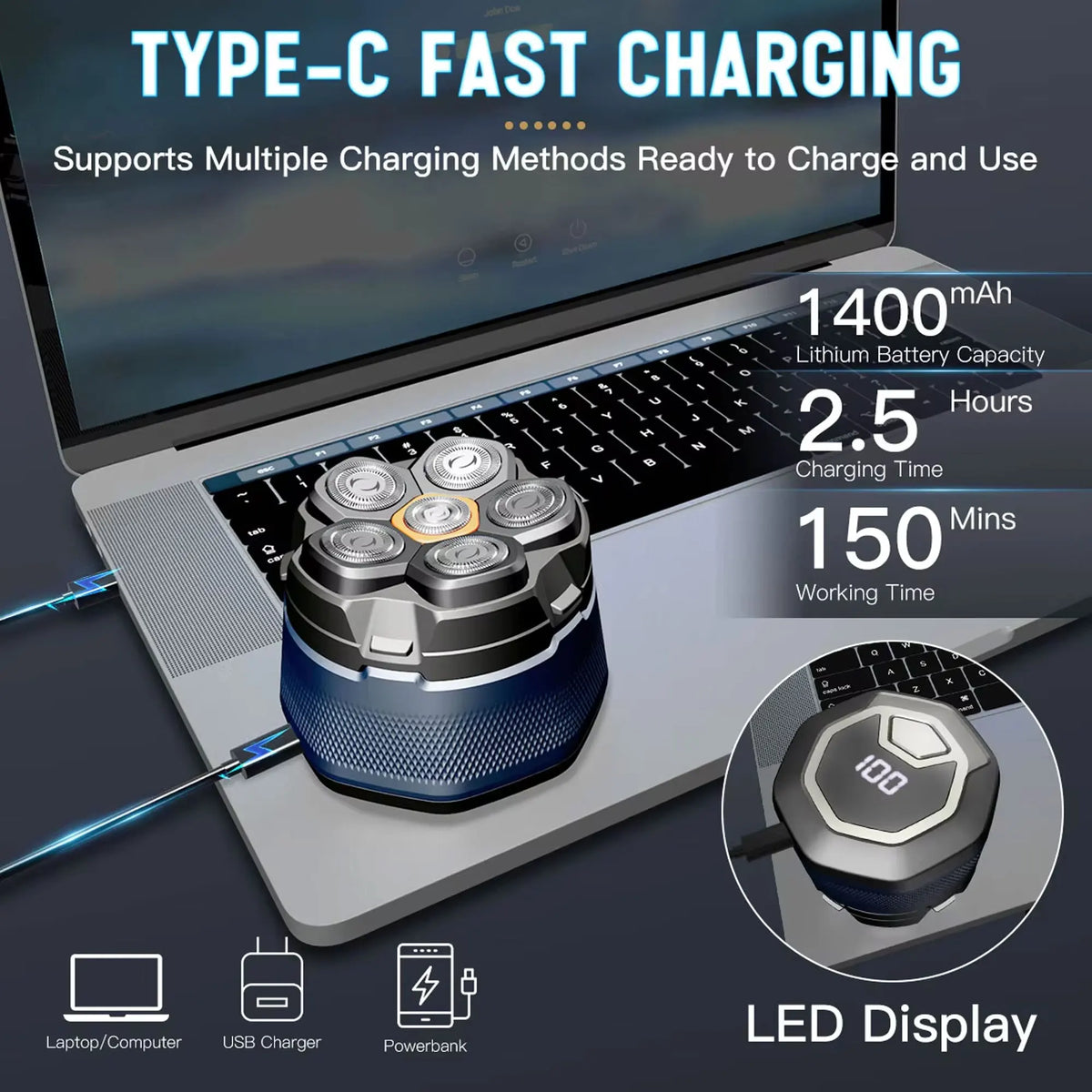 A precision electric shaver with a magnetic charging base is shown on a laptop, highlighting its features.