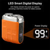 An orange and silver electric shaver with an LED digital display showing 99% battery power.