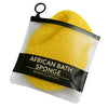 A yellow African bath sponge packaged in a clear plastic pouch with a black handle.