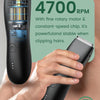 A hand holds a black electric body shaver trimmer device, showing its design and operation.