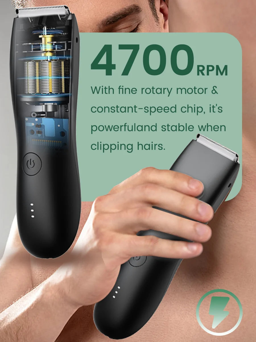 A hand holds a black electric body shaver trimmer device, showing its design and operation.