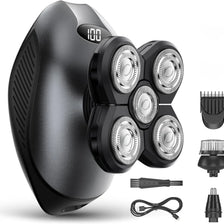 A black all-in-one electric body hair removal shaver with multiple shaving heads and accessories.