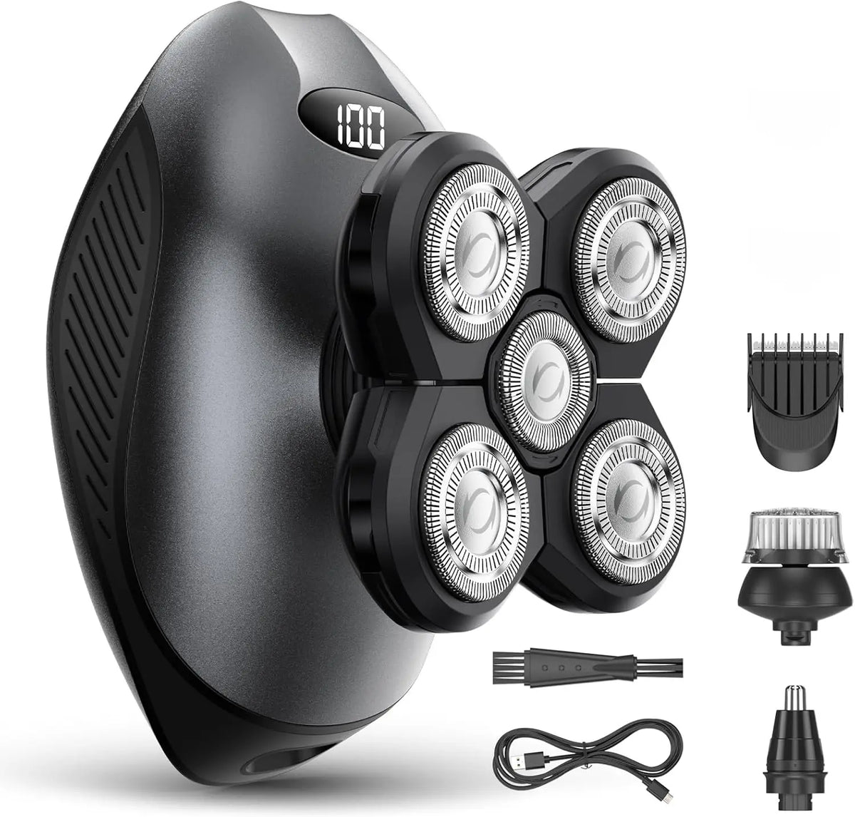 A black all-in-one electric body hair removal shaver with multiple shaving heads and accessories.