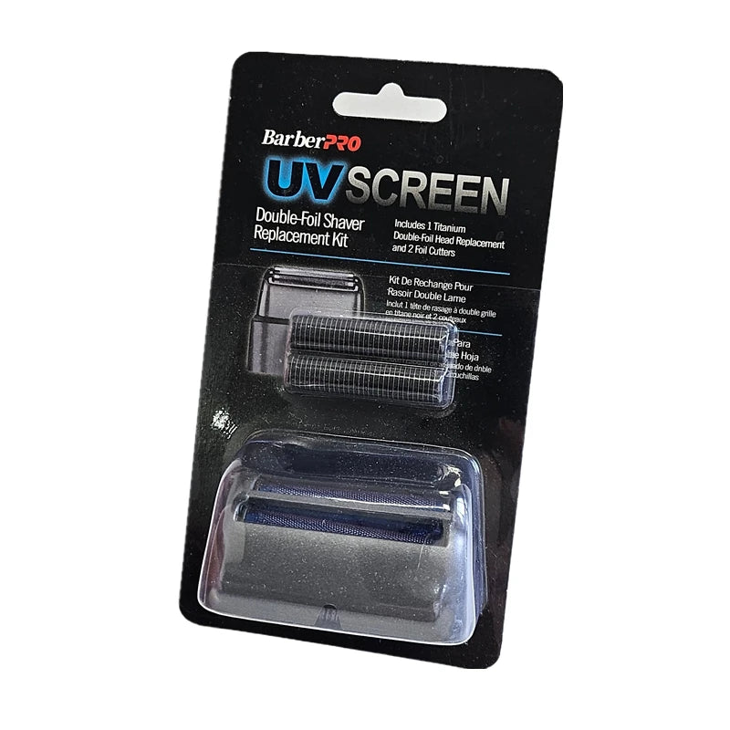 Black packaging for a Double-Foil Shaver Replacement Kit including titanium replacement and foil cutters