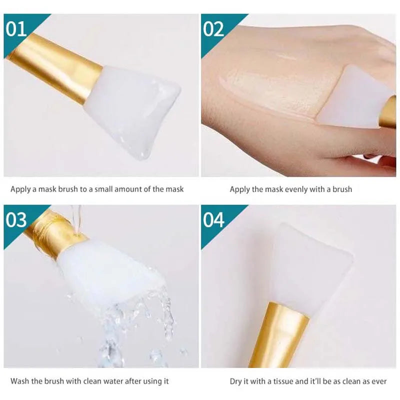A four-step guide showing how to apply and clean a silicone facial mask using a brush applicator.