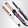 A set of automatic curling irons in gold, silver, and black are shown with features like automatic rotation and digital tempe