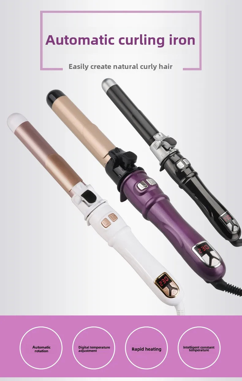 A set of automatic curling irons in gold, silver, and black are shown with features like automatic rotation and digital tempe