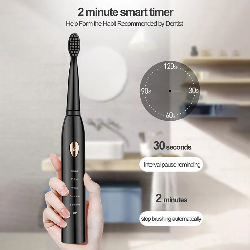 A hand holds a black ultrasonic electric toothbrush with various cleaning modes displayed on the body.