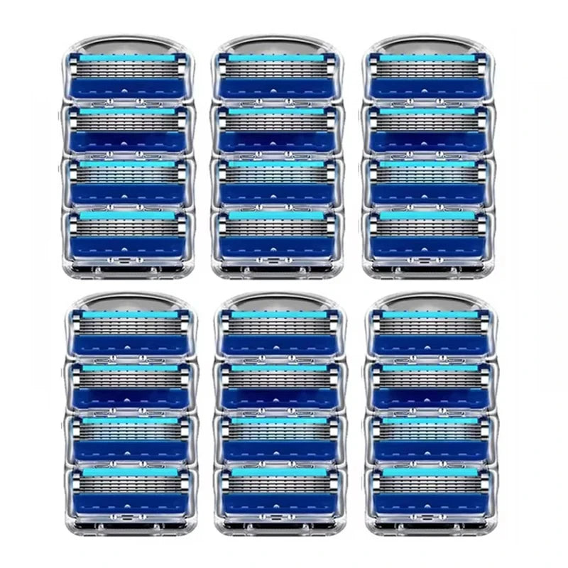 A set of six premium 5-blade razor replacement heads for men in blue and silver packaging.