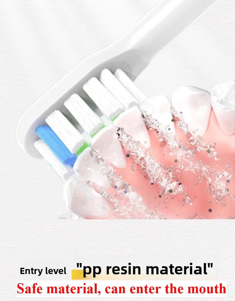 A white toothbrush holder shows several pink resin material brush heads being rinsed with water.