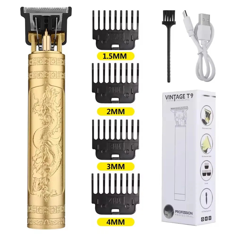 A professional rechargeable hair grooming kit showing various sizes of metal combs and a gold-colored tool.