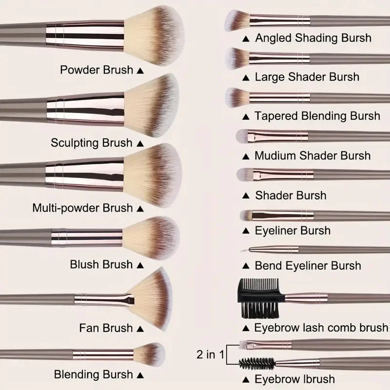 A collection of various makeup brushes including powder, shading, blending, eyeliner, and eyebrow brushes.