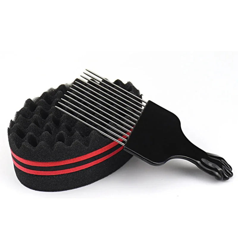 A black hair braiding brush with a black foam base and black bristles and a red stripe.