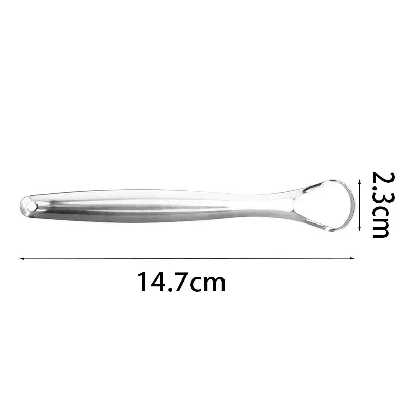 A silver reusable stainless steel tongue scraper with a handle, measuring 14.7 cm in length and 2.3 cm in width.