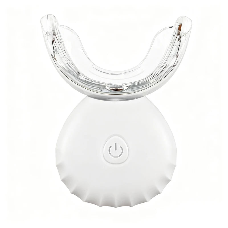 U-shaped rechargeable teeth whitening kit with a clear mold and a white base unit