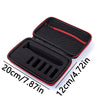 Black hard-shell travel case with a red zipper and molded compartments for electric shavers