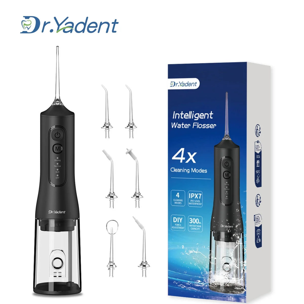Black intelligent water flosser device with a clear tip and cleaning accessories shown next to its packaging box.