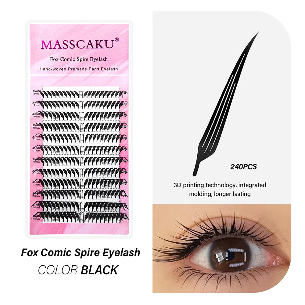 Pack of 240 black Fox Comic Spire Eyelash hand-woven premade fans for eye makeup