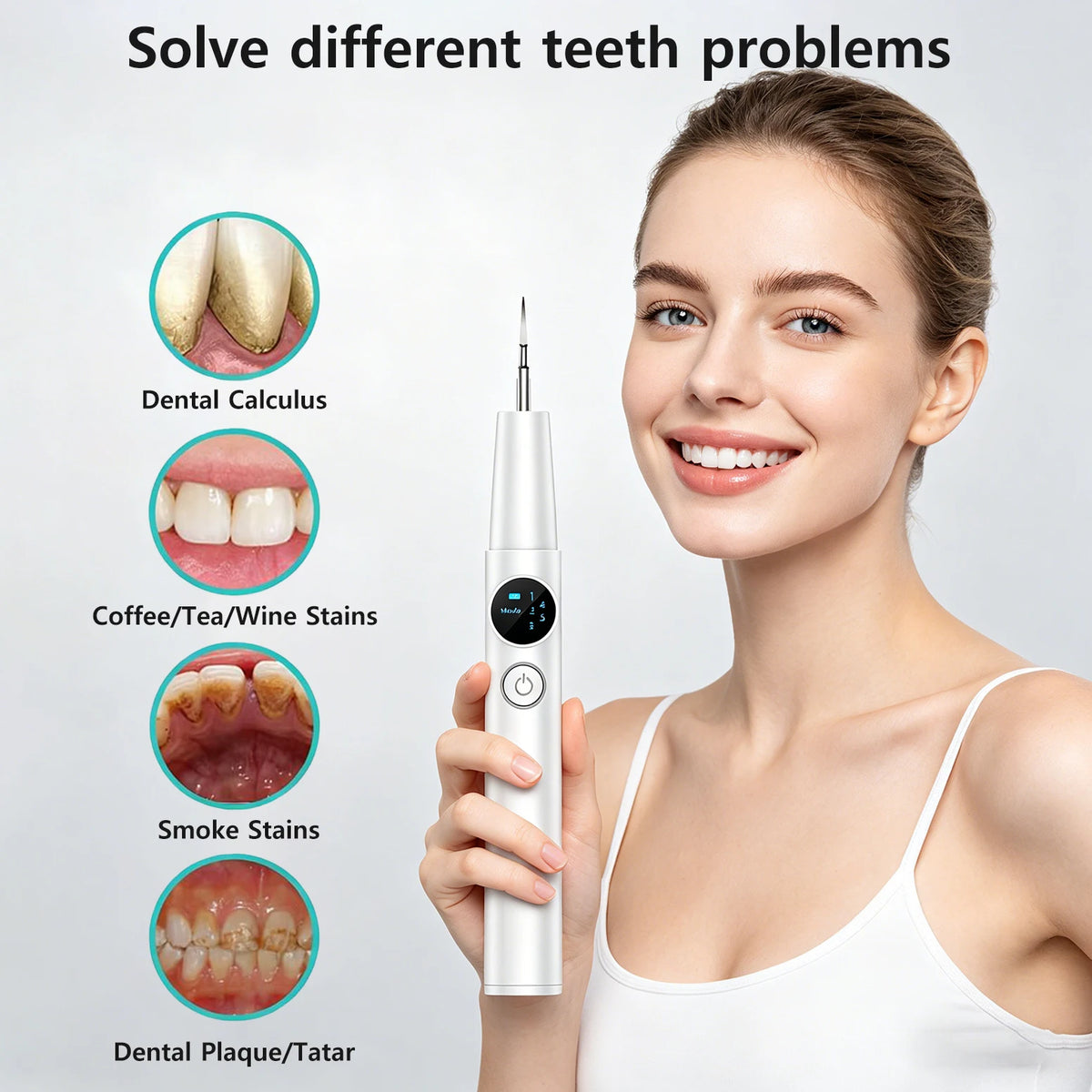 A woman holds a white ultrasonic dental cleaning device, demonstrating its use for various tooth problems.