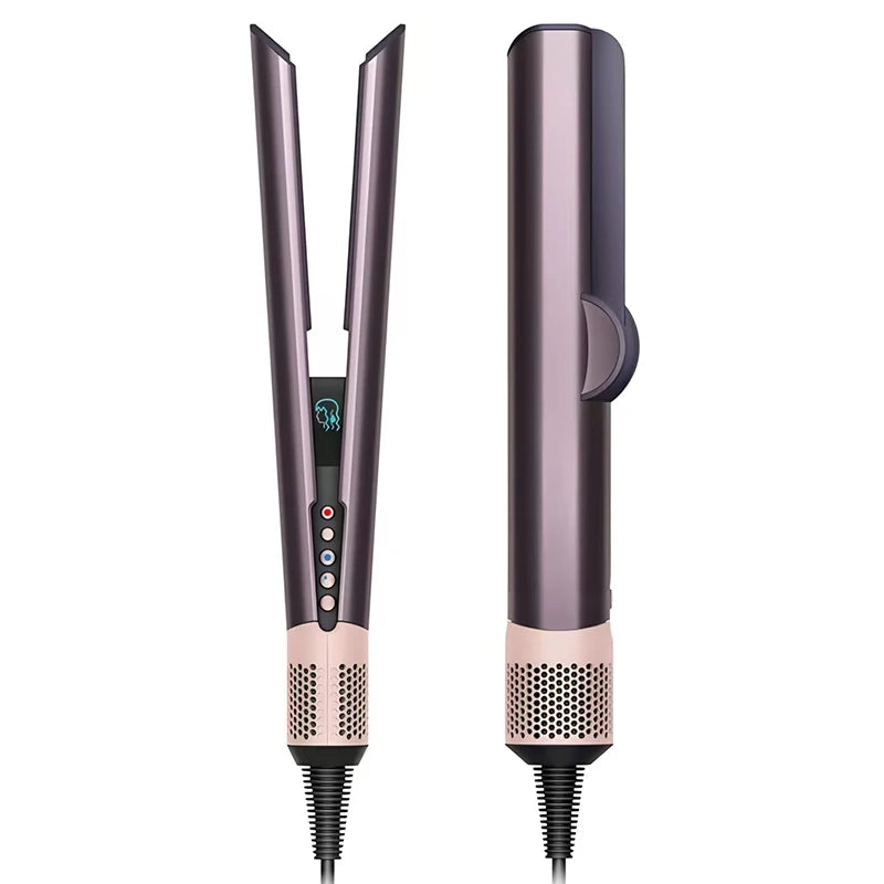 A vertical, rose gold hair straightener with a black handle and mesh base.
