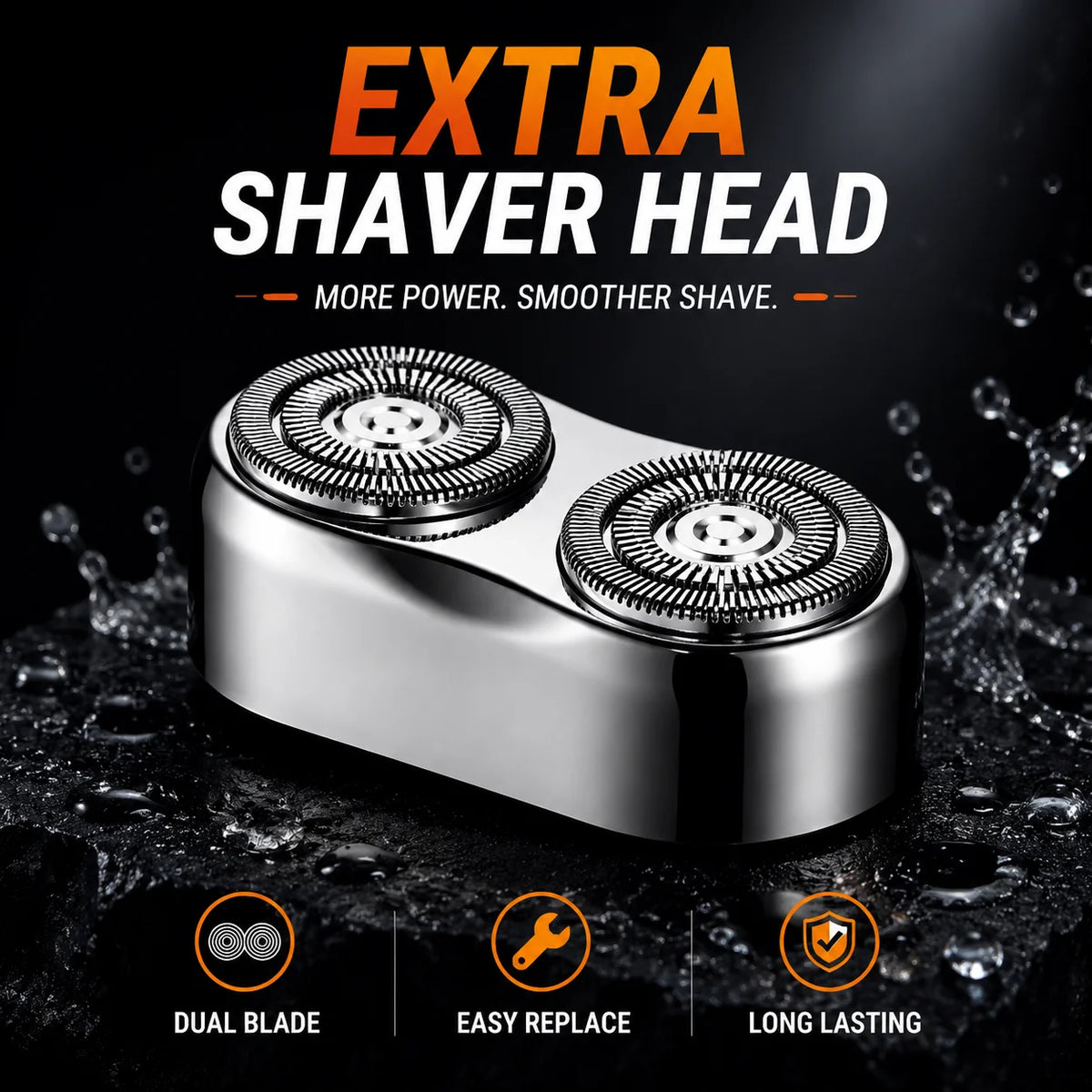 Silver electric beard shaver head with dual blades shown on a dark surface.