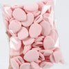 A clear plastic bag filled with pink latex-free finger puffs for makeup application.