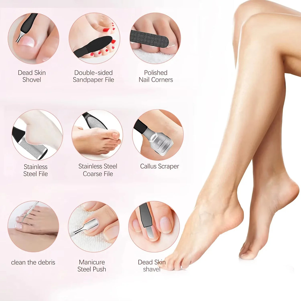 A set of tools for foot care including a dead skin shovel, sandpaper file, polished nail corner file, stainless steel files, 
