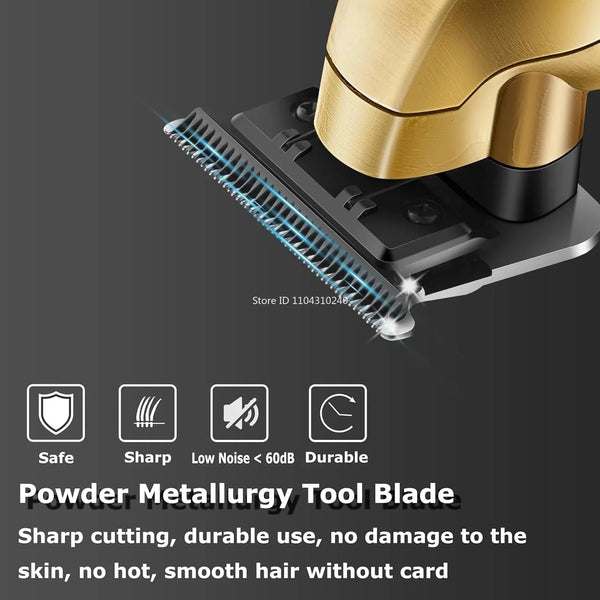 Close-up of a gold and black powder metallurgy tool blade for hair trimming