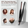 Black thin picil flat iron styling tool shown with examples of short hair, long hair, mens hair, and beard.